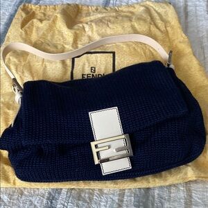 Fendi Navy Blue and White Shoulder Bag with Iconic Buckle